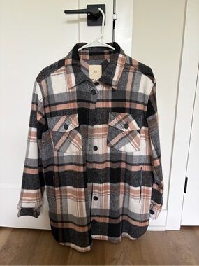 Thread & Supply Plaid Button-Up Shacket in Black, Gray & Brown